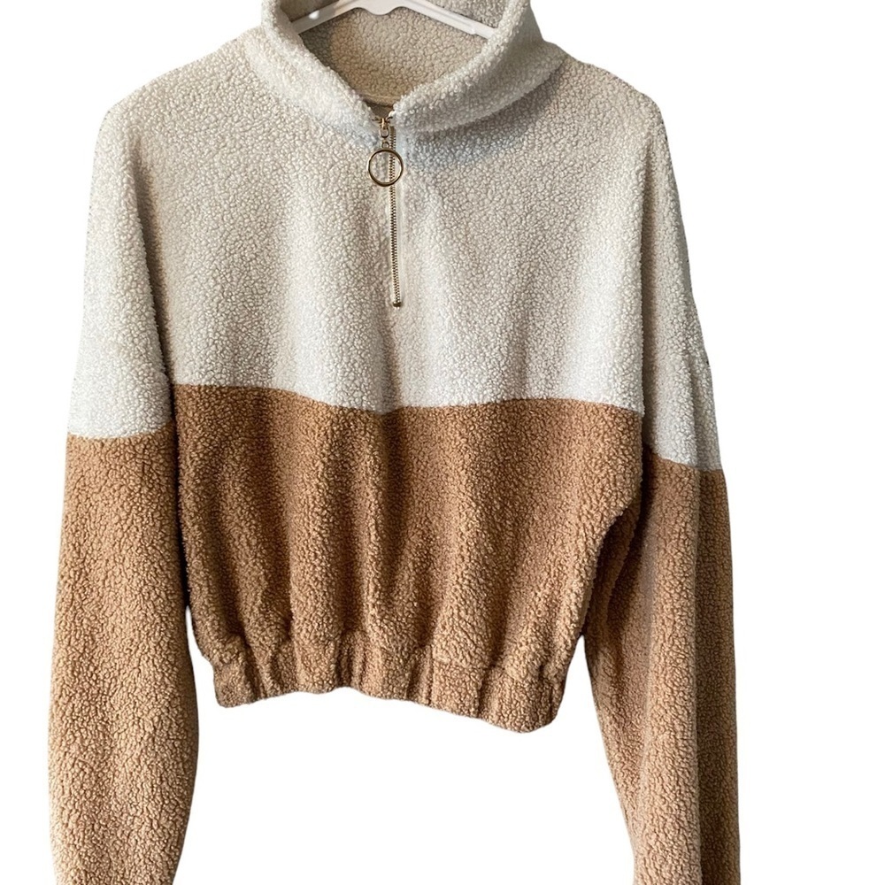 Cropped Half Zip Teddy Sherpa, Tan/Ivory, Size Medium - Picture 2 of 8